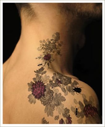 Unique Rose Vine Insect Tattoo On Man Shoulder